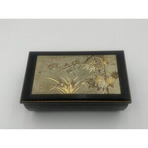 Vintage Japanese Lacquer Music Jewelry Box With Floral Design Red Velvet Lining